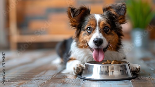 Generative AI : hungry jack russell dog behind food bowl and licking with tongue photo