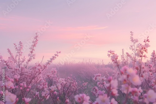 A blooming cherry blossom orchard under a pastel-coloured dawn sky. #739015638