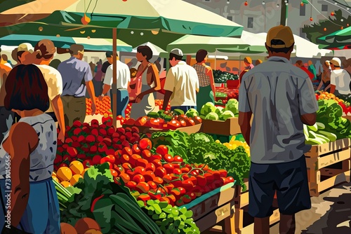 A bustling, colorful farmers market on a sunny morning