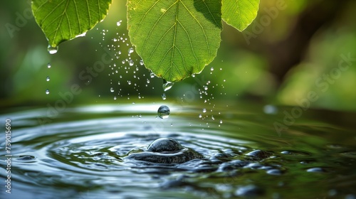 Nature's Rhythm: Water Droplets Dancing from a Verdant Leaf