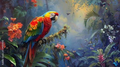 A colorful parrot chirps melodiously in the tropical forest.