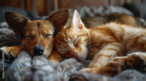 Generative AI   Home pets. Cat and dog sleeping together. Kitten and puppy taking nap. 