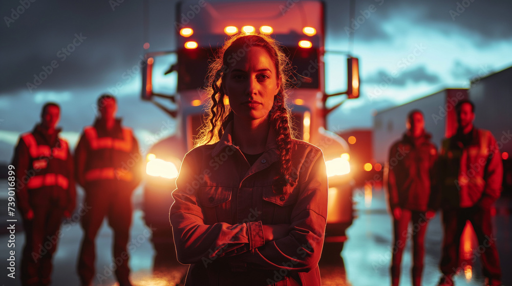 Trailblazing female truck driver with her logistics team portrays teamwork, driving the transportation industry forward with passion and expertise Trailblazing female truck driver with her logistics team portrays teamwork, driving the transportation industry forward with passion and expertise