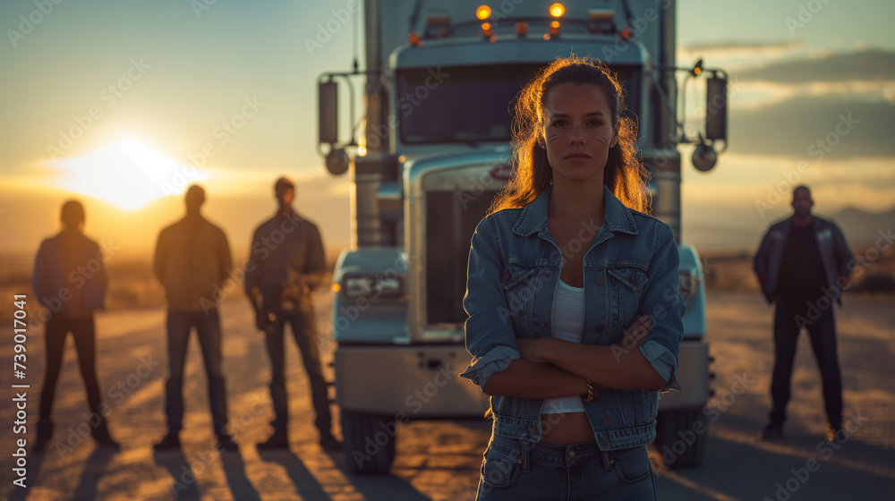 Dynamic female truck driver stands confidently at sunset, symbolizing ...