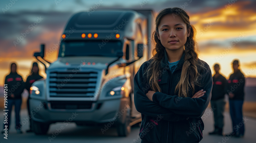 Teamwork in motion: a female truck driver and her logistics crew shine at dusk, setting new standards in the transportation logistics industry. Teamwork in motion: a female truck driver and her logistics crew shine at dusk, setting new standards in the transportation logistics industry.