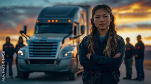 Teamwork in motion: a female truck driver and her logistics crew shine at dusk, setting new standards in the transportation logistics industry.