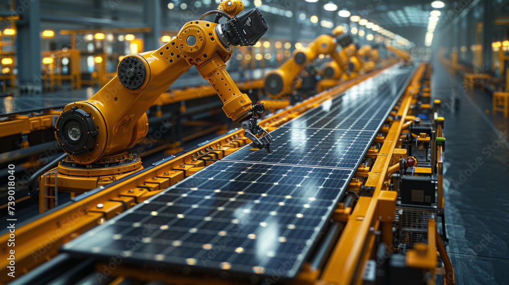 Solar panel placed on conveyor belt, operated by automatized robot arm, moving around facility,generative ai Solar panel placed on conveyor belt, operated by automatized robot arm, moving around facility,generative ai