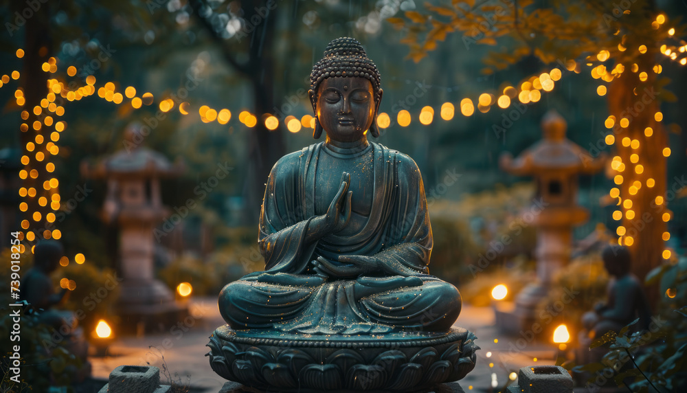 buddha statue in peaceful environment with sparkling lights,generative ai