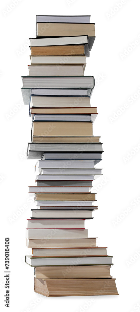 High stack of many different books isolated on white High stack of many different books isolated on white