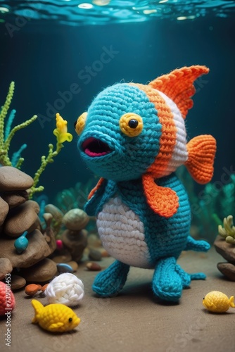 Cute handmade fish with stitched embroidered clothes in the aquarium. Underwater sea world fishes concept. Generative AI.
