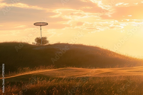 A disc golf net on a windy, rolling hill at sunset.
