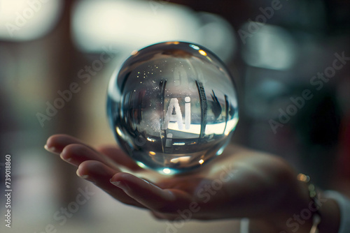AI inside the glass ball, human hand holds a glass ball in its hand, artificial intelligence development, crystal ball, water ball, humans control ai