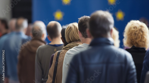 Diverse group of individuals facing a European Union flag, representing concepts of unity, european elections politics, or a European event, with space for text  suitable for backgrounds © fotoworld