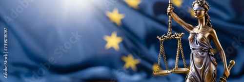 Bronze Lady Justice statue with scales against a blurred European Union flag background, symbolizing law, justice, and legality in the EU, with copy space for legal concepts photo