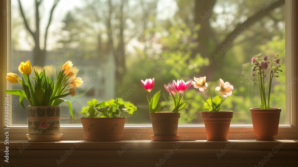Assorted potted flowers on a sunlit windowsill with a soft-focused green outdoor background, ideal for springtime themes or natural home decor advertising