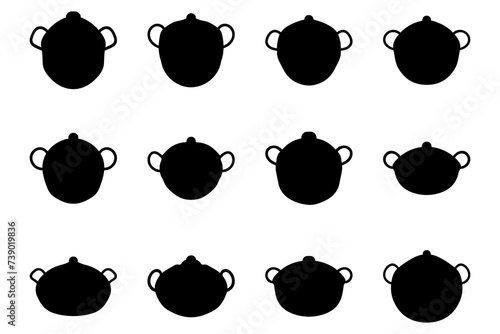 Boiling pot silhouette icon set. Cooking ware flat design photo
