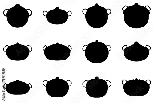 Boiling pot silhouette icon set. Cooking ware flat design