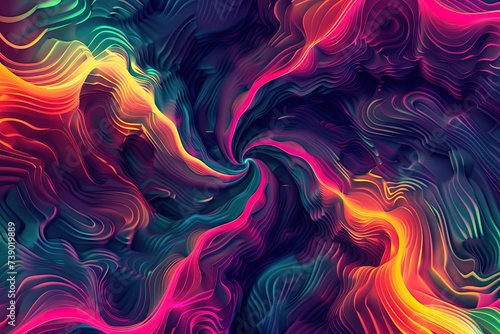 A digital background filled with swirling, kaleidoscope-like patterns featuring vibrant neon colors.