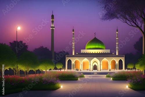 Beautiful and colorful illustration of a mosque with trees, flowers and peaceful sky, amazing, serene, tranquil, vibrant