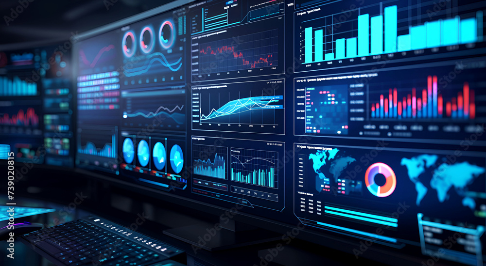 Smart computer screen showing business data analysis, CRM, digital data hour chart KPI performance database