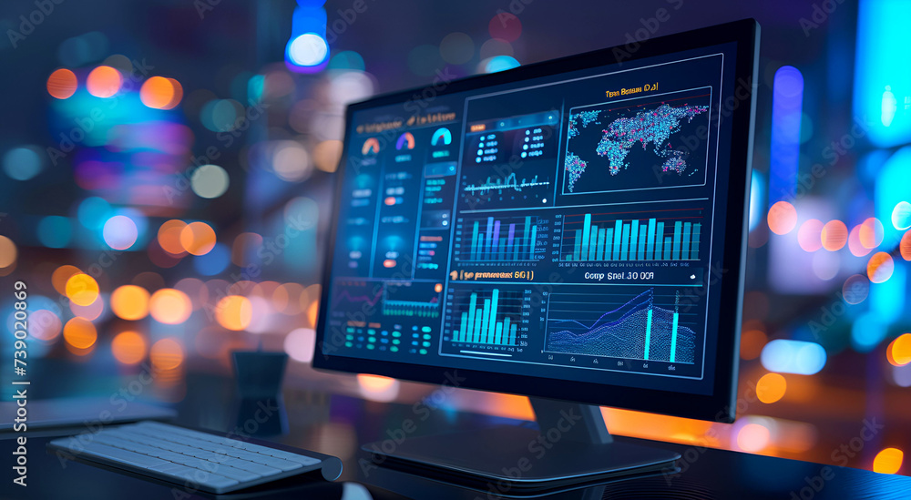 Smart computer screen showing business data analysis, CRM, digital data hour chart KPI performance database