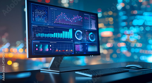 Smart computer screen showing business data analysis, CRM, digital data hour chart KPI performance database