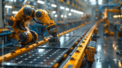 Obraz na płótnie Solar panel placed on conveyor belt, operated by automatized robot arm, moving around facility,generative ai w salonie