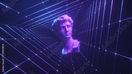 Floating David Sculpture with Grid SynthWave Background Loop photo