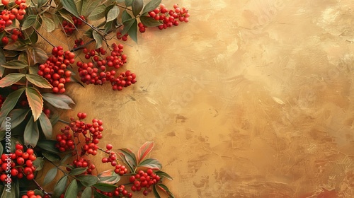 Autumn Elegance: Red Berries and Textured Foliage on Vintage Background