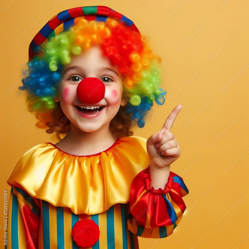 Child clown smile shows a finger copy space area on a yellow background. Funny little clown with a red nose. Concept birthday, day 1 April, party. Beautiful portrait kid jester in studio generative ai Child clown smile shows a finger copy space area on a yellow background. Funny little clown with a red nose. Concept birthday, day 1 April, party. Beautiful portrait kid jester in studio generative ai