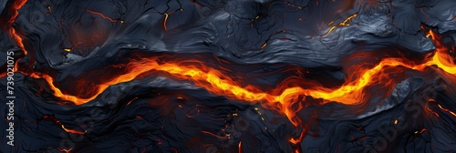 Dramatic panoramic view of molten lava flows, with vibrant orange and red streams contrasting against dark, cooled surfaces, ideal for geology-themed backgrounds or nature-related designs