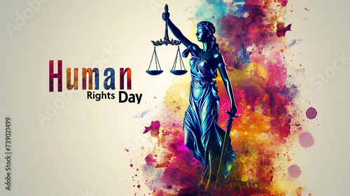 An artistic poster depicting the scales of justice tipped towards equality, with 
