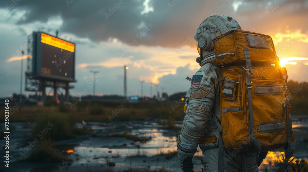 Astronaut with yellow travel suitcase looking at blank advertising billboard at airport, display blank screen or signboard mockup for offers or advertisement, copy space,generative ai