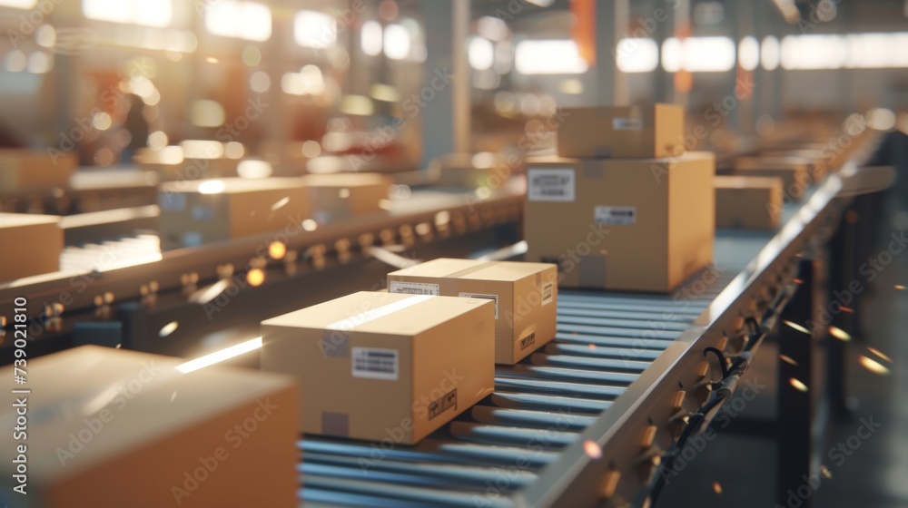 Streamlined Efficiency: Cardboard Boxes Gliding on Industrial Conveyor Belt