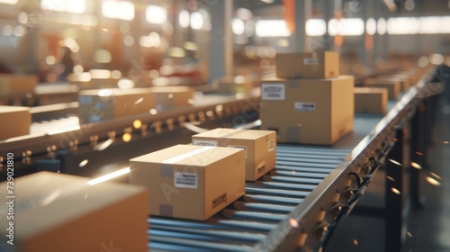 Streamlined Efficiency: Cardboard Boxes Gliding on Industrial Conveyor Belt