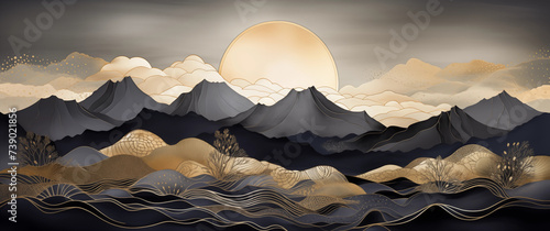 dream background with full moon over mountains, japanese drawing, glowing light in sky, clouds, golden lines waves, yellow black grey soft, imaginary magic dreamlike fantasy, fairy tale landscape photo