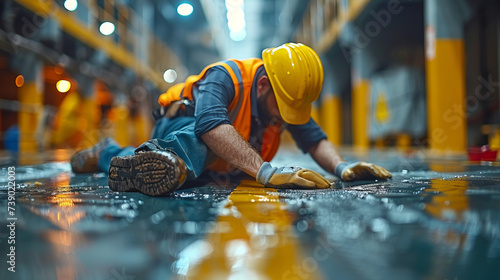A construction worker experiencing a slip-and-fall accident on a floor at a construction site,generative ai photo