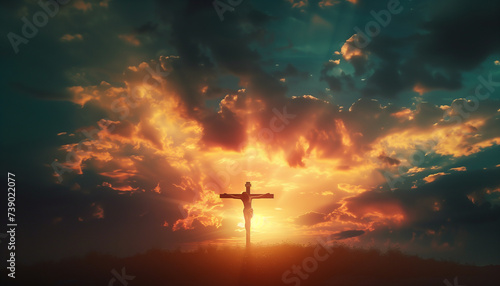 Image of the Crucifixion in Holy Week. Silhouette of Christ on the cross during sunset, on Good Friday	
 photo
