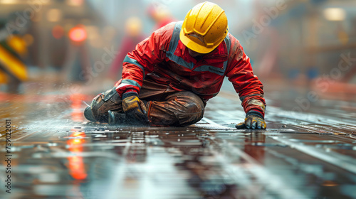 A construction worker experiencing a slip-and-fall accident on a floor at a construction site,generative ai