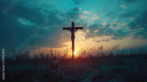 Behold the profound image of Jesus Christ on the cross, a symbol of divine love and sacrifice. In this sacred depiction, we witness His unwavering devotion to humanity, offering redemption. photo