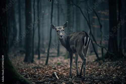 Eerie Forest Scene: Sick Deer in Dramatic Lighting
