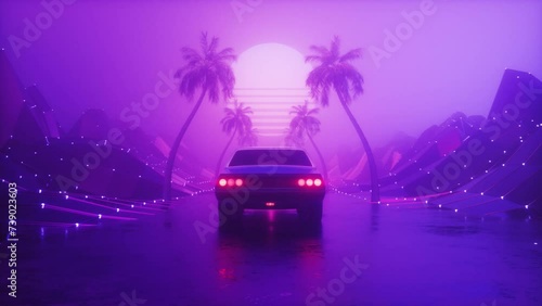 Futuristic SynthWave Backdrop of Riding Sports Car at Foggy Road Loop photo