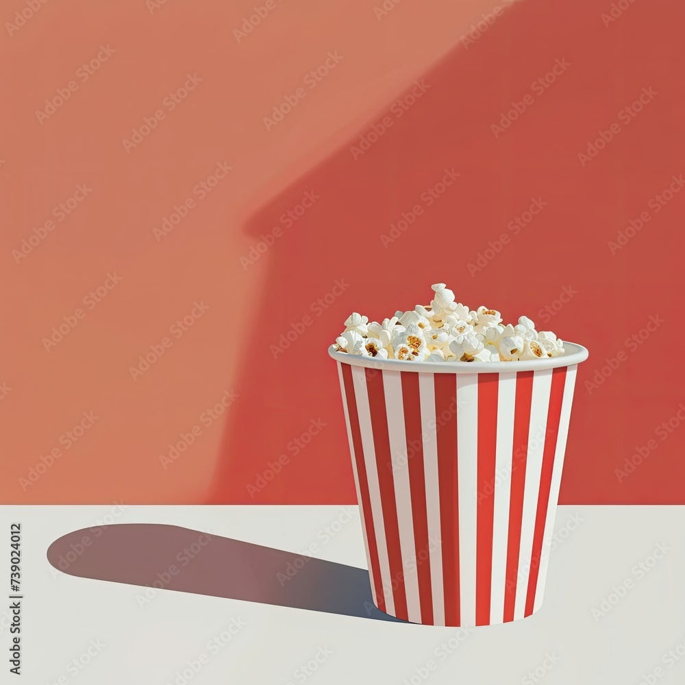 Empty popcorn bucket on a white and red background, capturing the essence of movie nights and entertainment