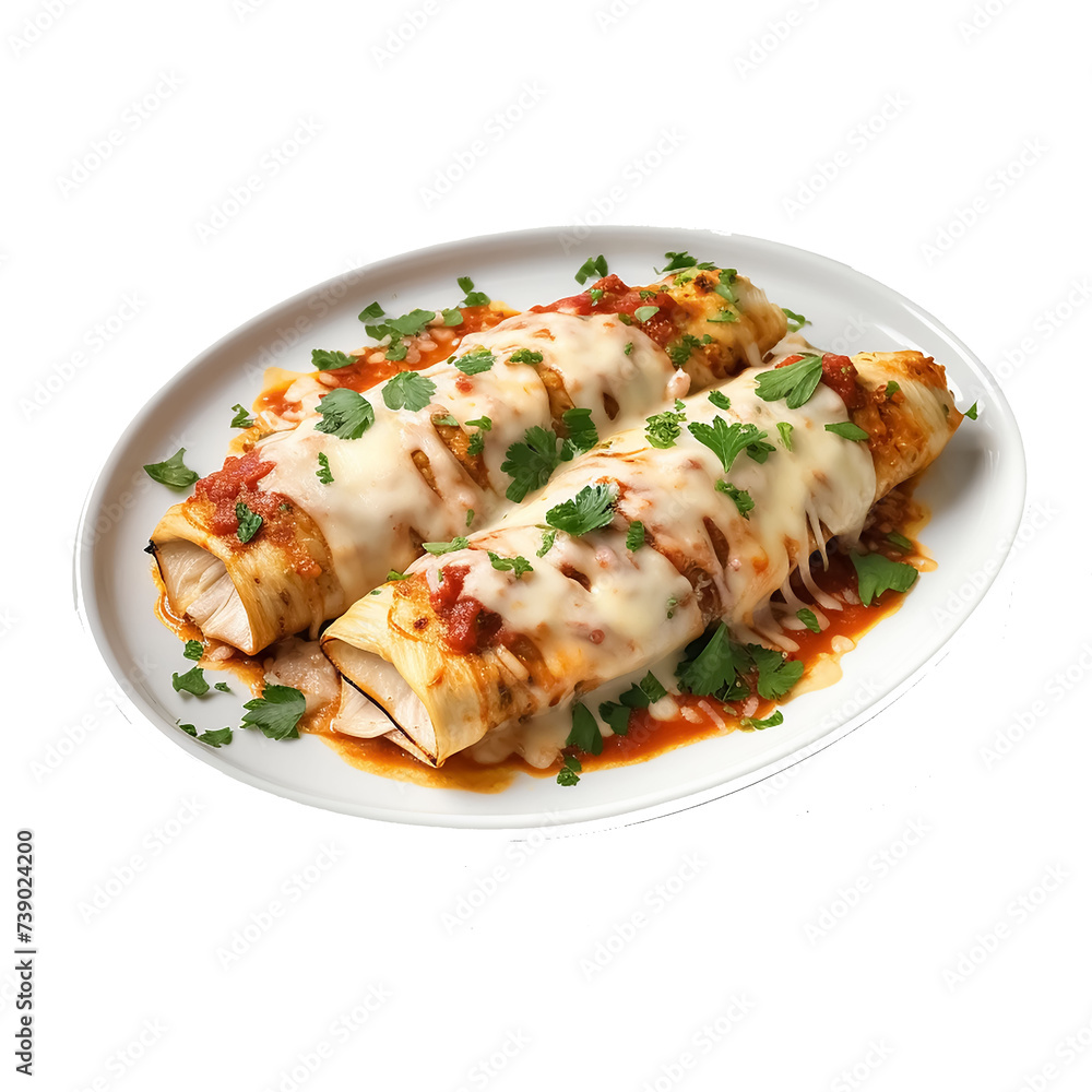 a white platter is layered with two chicken enchilladas. a white platter is layered with two chicken enchilladas.