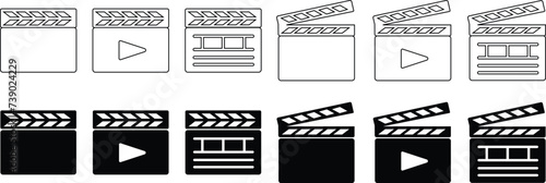 Clapperboard icons Set. Movie shooting clapper board vectors. Film cinema or tv clapperboard symbols. cinema action scene cut clap board signs in flat styles editable stock on transparent background.