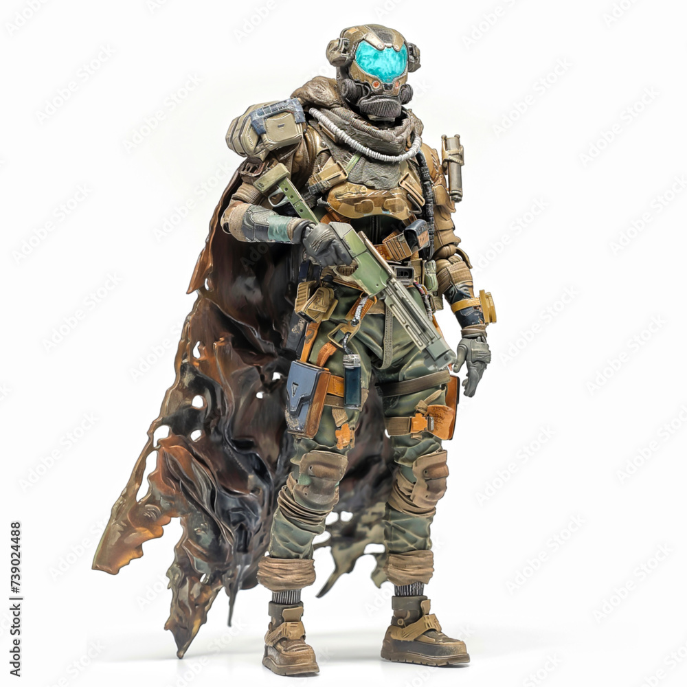 Fototapeta premium A full-body shot of a figure, wearing post-apocalyptic and a mask with a blue light on it, holding a rifle in its hands, isolated on a white background. 