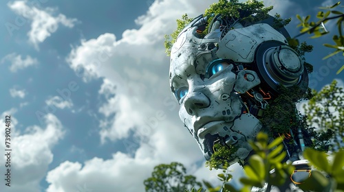 Futuristic Robot with Greenery in a Stylized Blue Sky photo