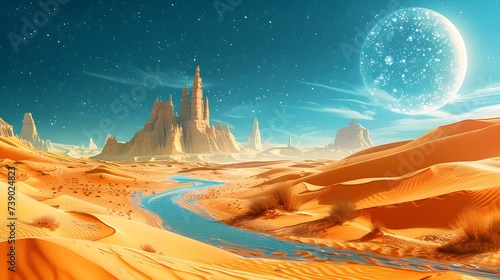 Desert Landscape with Alien Planet in Gothic Futurism Style