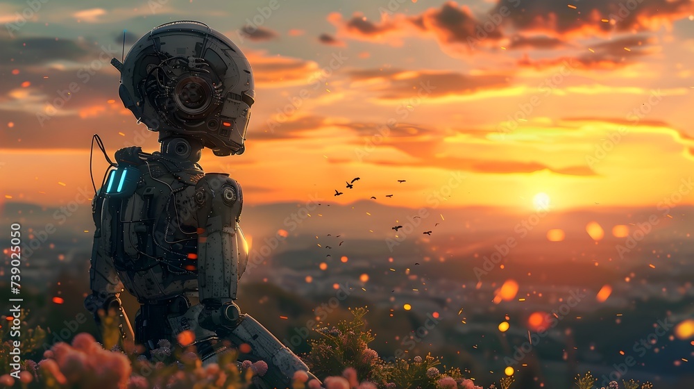 A Robot Stands Alone in a Field at Sunset in the Style of Floralpunk A Robot Stands Alone in a Field at Sunset in the Style of Floralpunk