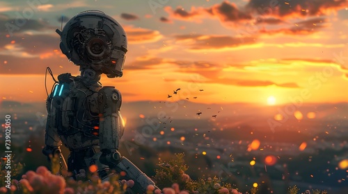 A Robot Stands Alone in a Field at Sunset in the Style of Floralpunk